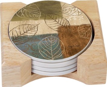 CounterArt Leaf Collage Design Round Absorbent Coasters in Wooden Holder, Set of 4