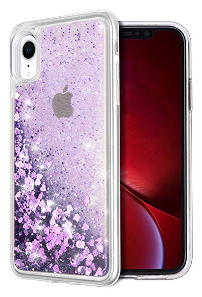 WORLDMOM for iPhone XR Case, Double Layer Design Bling Flowing Liquid Floating Sparkle Colorful Glitter Waterfall TPU Protective Phone Case for Apple iPhone XR [6.1 Inch 2018], Purple