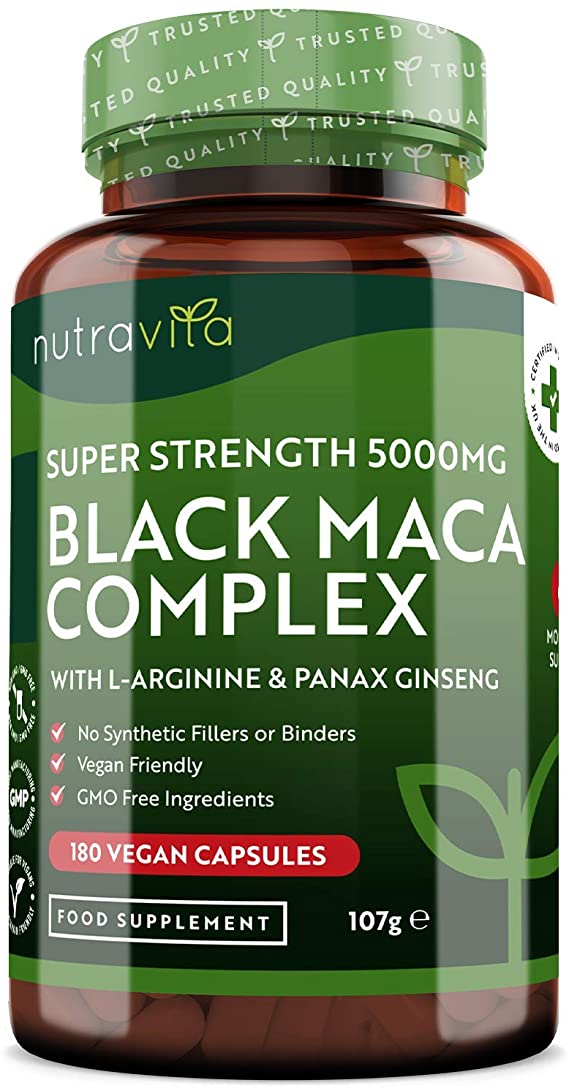 Black Maca Root Complex 5000mg - 180 Vegan Capsules - Super High Strength Black Maca Complex with L-Arginine and Panax Ginseng - 6 Month Supply - Made in The UK by Nutravita