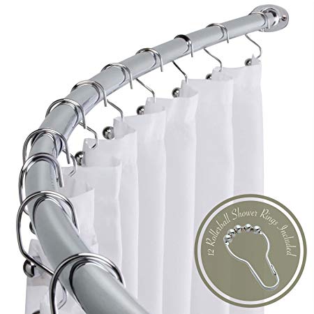 Adjustable 58” - 72" Opening Curved Shower Rod and Roller Ball Rings Hooks, Polished Chrome