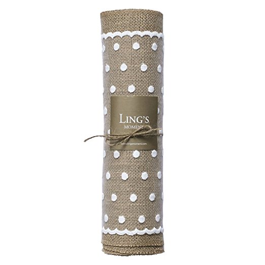 Ling's moment 12 x 84 Inch Natural Burlap Table Runner Polka Dots Lace Runner for Country Wedding Party Bridal Shower Baby Shower Dining Table Decorations Rustic
