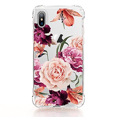 iPhone X Case,iPhone X Case with flowers, LUOLNH Slim Shockproof Clear Floral Pattern Soft Flexible TPU Back Covercase for iPhone X 2017 -Purple Rose