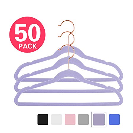 MIZGI Premium Kids Velvet Hangers (Pack of 50) 14" Wide with Copper/Rose Gold Hooks,Space Saving Ultrathin,Nonslip Hangers use for Petite Junior Children's Skirt Dress Pants,Clothes Hangers-Purple