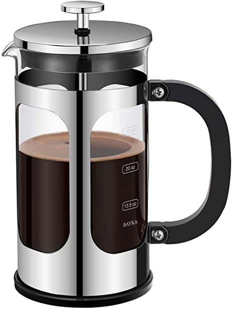 BAYKA French Press Coffee Tea Maker, 304 Stainless Steel Coffee Press with 4 Level Filtration System, Heat Resistant Thickened Borosilicate Glass, 34 Ounce, Silver