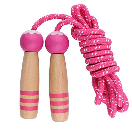 ANGTUO Skipping Rope Kids, children adjustable Cotton Jumping Rope with Cartoon Wooden Handle for Boys and Girls