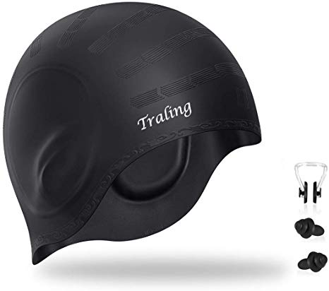 Traling Silicone Swimming Cap, Waterproof Swim Hat for Men and Women Ladies Long Hair, with Anti-Tear Ergonomic Design Ear Pocket, Free Nose Clip and Ear Plugs