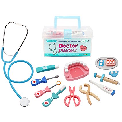 Wooden Toys Doctor Set for Kids Ages 3 and Up,Funny Dentist Pretend Play Medical Kit with Realistic Stethoscope,Mumu Sugar