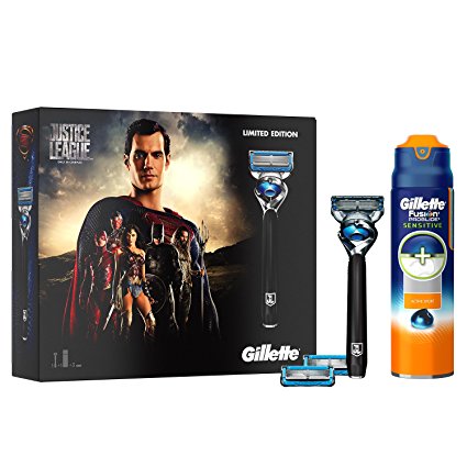 Gillette Fusion ProShield Chill Razor Justice League Edition Gift Set/2 x Blade Refills and Sensitive Shaving Gel