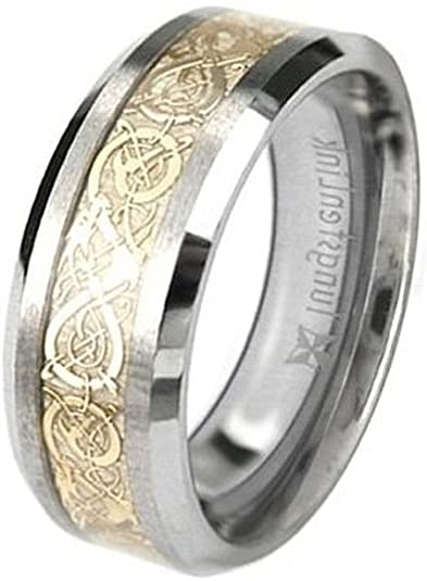 iJewelry2 Tungsten Carbide Flat Comfort Fit Men Celtic Dragon Gold Inlay 8mm Wedding Ring Band