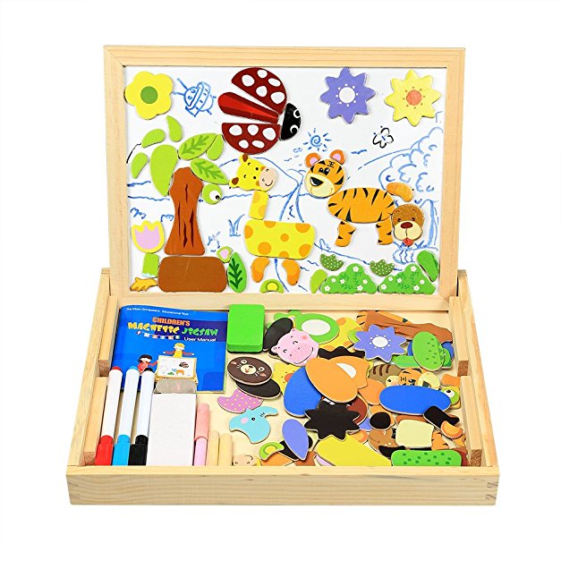 InnooBaby Magnetic Jigsaw Puzzles 100 Pieces Educational Wooden Toy for Kids 3 4 5 Years Old Double Sided Magnetic Drawing Board with 3 Color Pens