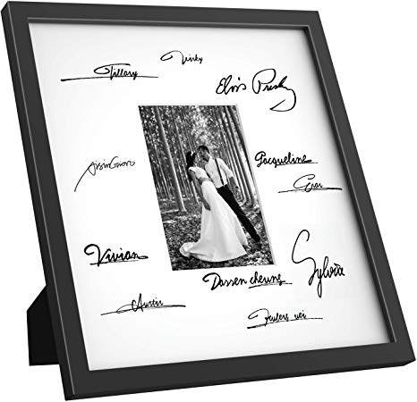 ONE WALL Tempered Glass 14x14 Signature Picture Frame with Mats for 5x7 Photo, for Wedding Graduation, Black Wood Frame for Wall and Tabletop - Mounting Hardware Included
