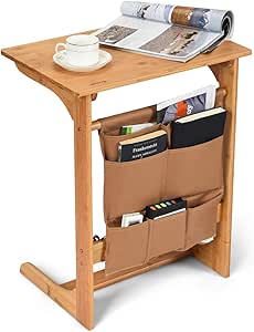 COSTWAY 100% Bamboo Side Table, L-Shaped TV Tray Side Table, Snack End Table Laptop Desk with Storage Bag, U-Shaped Bedroom Reading Writing Desk for Limited Space for Home, Office, Natural