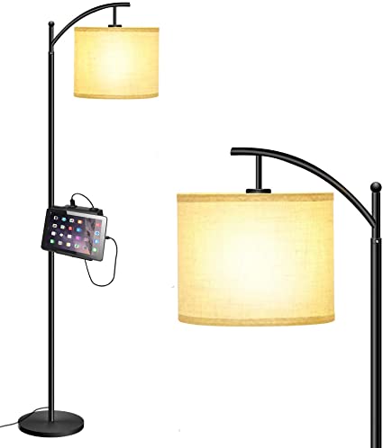 ZEEFO USB Floor Lamp, Modern Fabric Lampshade Standing Lamp Built-in 5V/2A USB Charging Port, 2-Prong AC Outlet & Phone Stand, LED Floor Lamp for Bedroom, Living Room, Office