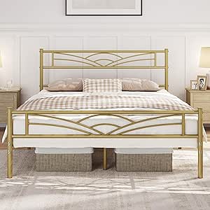 Yaheetech Queen Size Bed Frames Metal Platform Bed Mattress Foundation with Cloud-Inspired Design Headboard/Footboard/Ample Under Bed Storage/No Box Spring Needed/Antique Gold