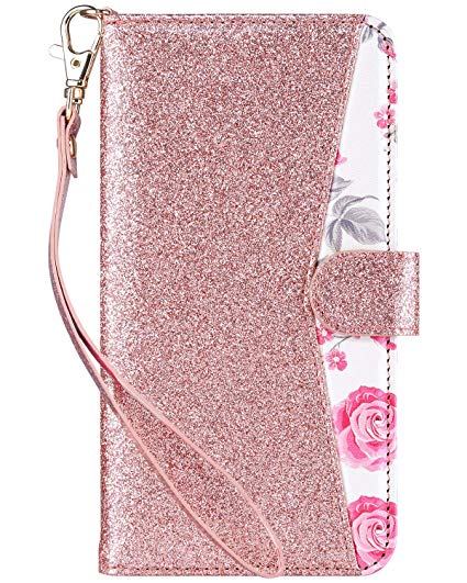 ULAK Flip Wallet Case for iPhone 6s Plus, iPhone 6 Plus Case, Floral PU Leather Wallet Kickstand Case with Wrist Strap ID&Credit Card Pockets for iPhone 6 plus/6S Plus 5.5, (Bling   Pink)