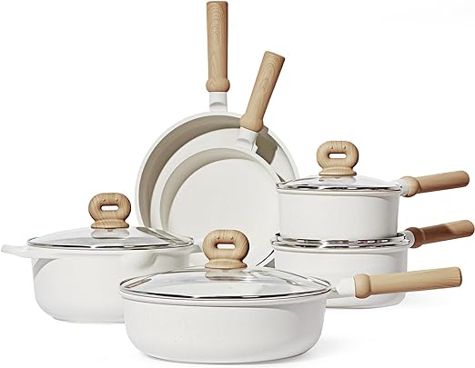 CAROTE 10 Piece Pots and Pans Set, Nonstick Cookware Sets, Induction Pot and Pan set for Cooking, White Granite Cooking Pot w/Frying Pans & Saucepans(PFOS, PFOA Free)