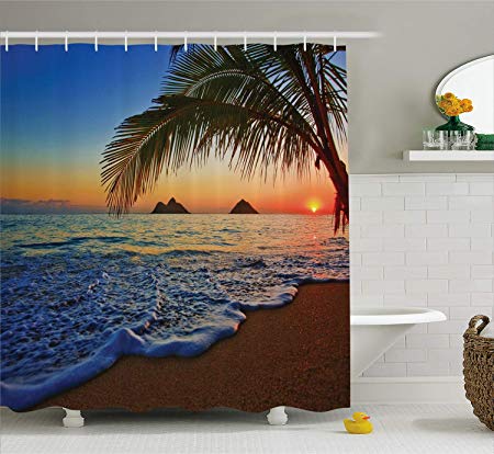 Ambesonne Hawaiian Decor Shower Curtain by, Pacific Sunrise at Lanikai Beach Hawaii Colorful Sky Wavy Ocean Surface Scenery, Polyester Fabric Bathroom Decor Set with Hooks, Blue Ivory