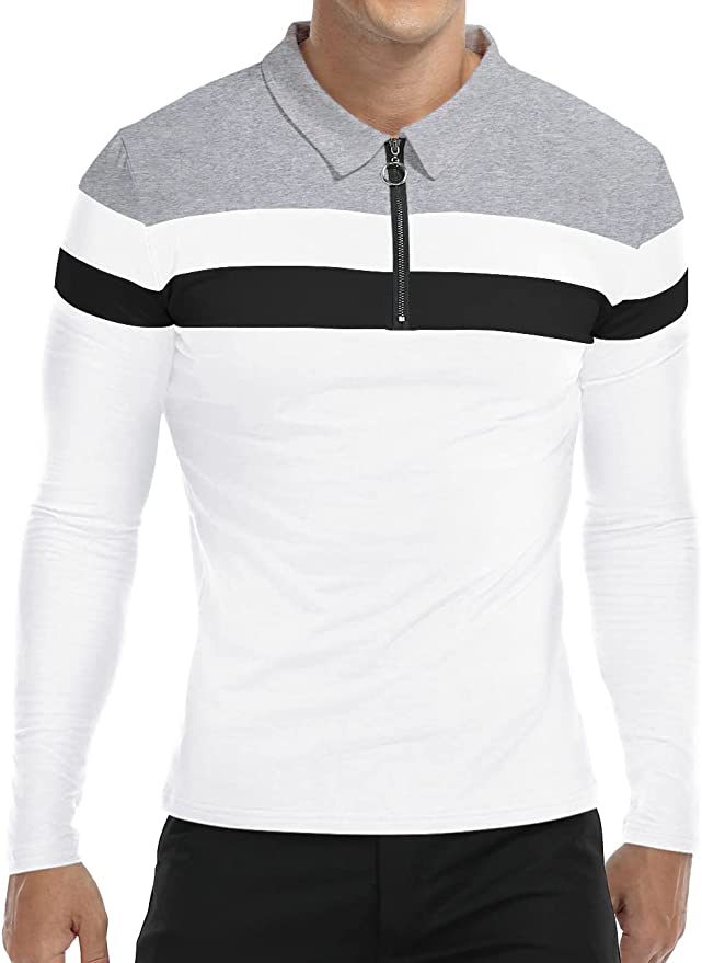 YTD Men's Long Sleeve Polo Shirts Quarter-Zip Casual Slim Fit Lapel Neck Basic Designed Cotton Shirts