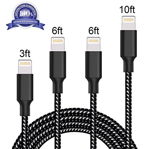 AOFU Lightning Cable,iPhone Cable iPhone Charger 4Pack 3FT 6FT 6FT 10FT Braided Cord to USB Charging for iPhone 7/7 Plus/6/6 Plus/6S/6S Plus,iPad,iPod Nano 7(Black Withe)