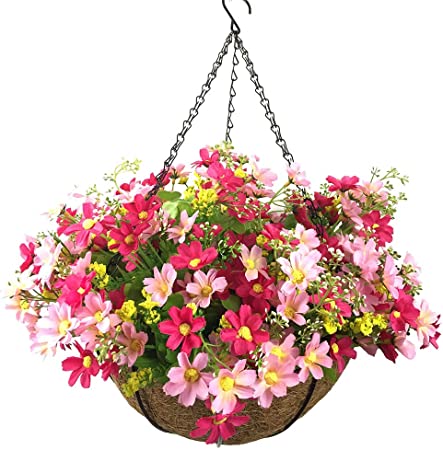 Lopkey Artificial Daisy Flowers Outdoor Indoor Patio Lawn Garden Hanging Basket with Chain Flowerpot,10 inch Red