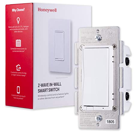 Honeywell Z-Wave Plus On/Off Smart Light Switch, In-Wall Paddle, Interchangeable White & Almond |Built-In Repeater & Range Extender | ZWave Hub Required - SmartThings, Wink, Alexa Compatible, 39348