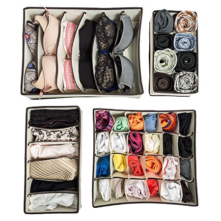 Tatkraft Neat Drawer Organisers Foldable Collapsible Storage Boxes Set of 4 Clothes, Underwear, Neck Ties, Socks, Bras