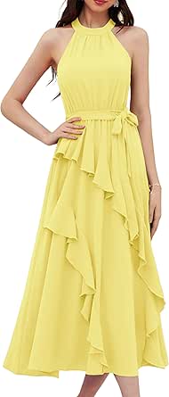 GRACE KARIN Women's 2024 Summer Sleeveless Halter Neck Ruffle Hem Split Flowy Swing Long Midi Dress with Belt