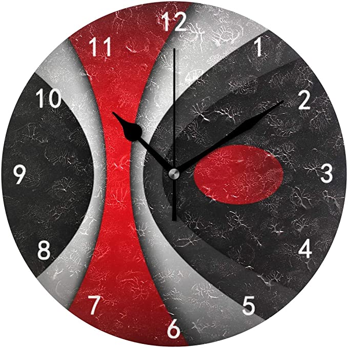 Silent Non Ticking Battery Operated Easy to Read Decorative Modern Abstract Style Red Black Gray White Wall Clock… (ModernClock)