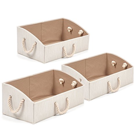 Set of 3 Storage Bins EZOWare Foldable Bamboo Fabric Trapezoid Storage Organizer boxes with Cotton Rope Handle, Collapsible Basket for Shelves, Closet, Baby toys, diaper, and More - Beige / Large