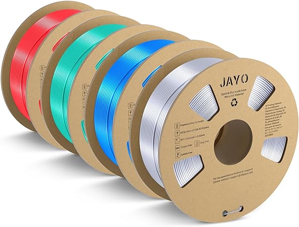 3D Printer Silk Filament Bundle, JAYO Silk PLA Filament 1.75mm, Dimensional Accuracy  /- 0.02mm, Neatly Wound Filament, 4 Pack, Silk Filament 4.4KG in Total, Blue Silver Green Red