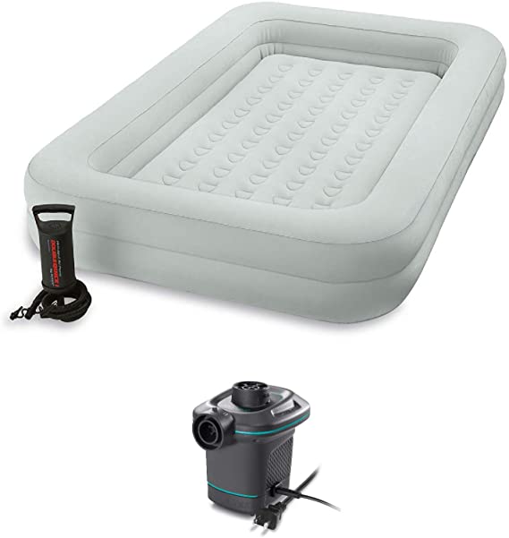 Intex Kids Inflatable Travel Air Mattress w/ Hand Pump & Air Pump w/ 3 Nozzles