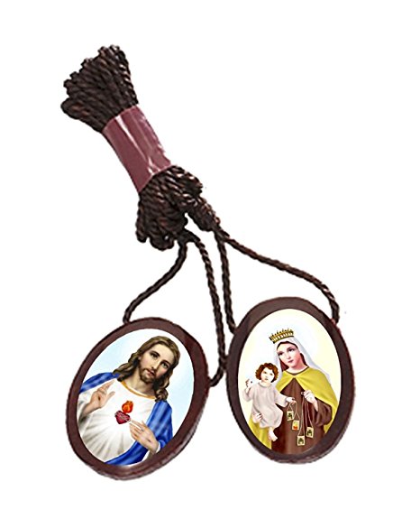 Scapular Necklace, Cherry Wooden Small Oval Catholic Medals, Made in Brazil, Pack of 6