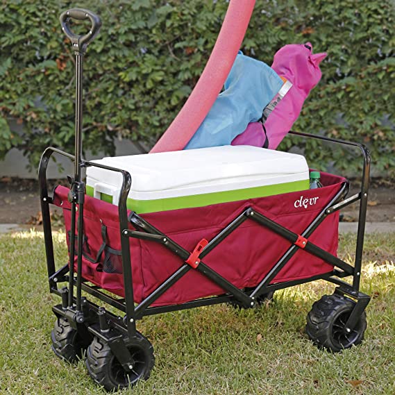 Clevr Large Collapsible Outdoor Wagon Cart with Wide All Terrain Wheels, Red 265 Lb Capacity, Easy Folding Utility Garden Transport Trolley, Great for Parties, Shopping, Beach, Park, Sports