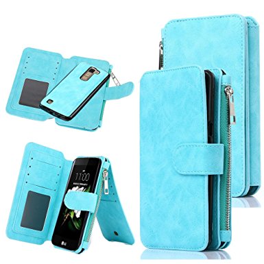 LG K7 Case, CaseUp 12 Card Slot Series - [Zipper Cash Storage] Premium Flip PU Leather Wallet Case Cover With Detachable Magnetic Hard Case For LG K7 / LG Tribute 5 (2016) - Turquoise Blue