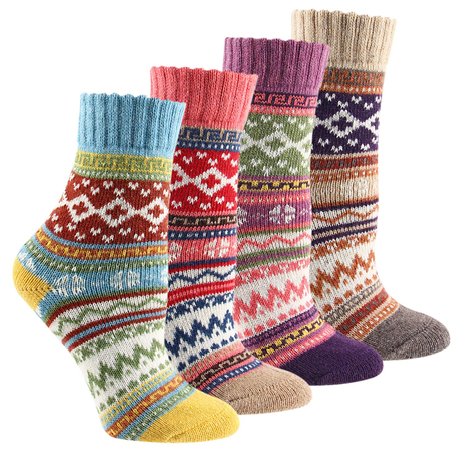 Keaza Womens 4-pack Vintage Style Cotton Knitting Wool Warm Winter Fall Crew Socks