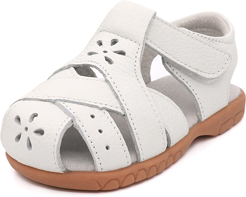 LONSOEN Girl's Leather Sandals Closed-Toe Flower Casual Outdoor Shoes(Toddler/Little Kid)