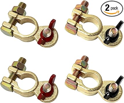 QWORK Brass Marine Grade Battery Terminal Top Post, 2 Pairs Battery Terminal Connectors, Battery Terminal Clamps for Boat Car RV, Fit All Standard Top of Post Batteries, 4 Positive   4 Negative