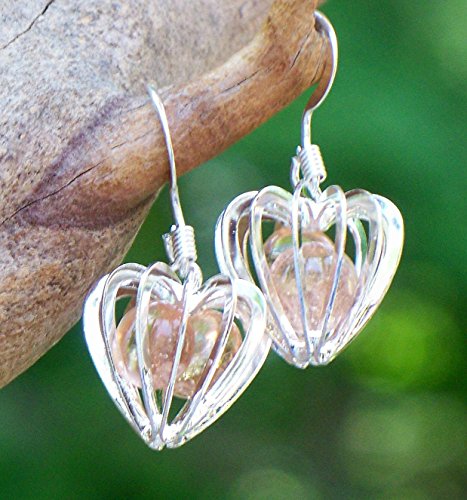 Recycled Antique Pink Depression Glass Heart Cage Earrings
