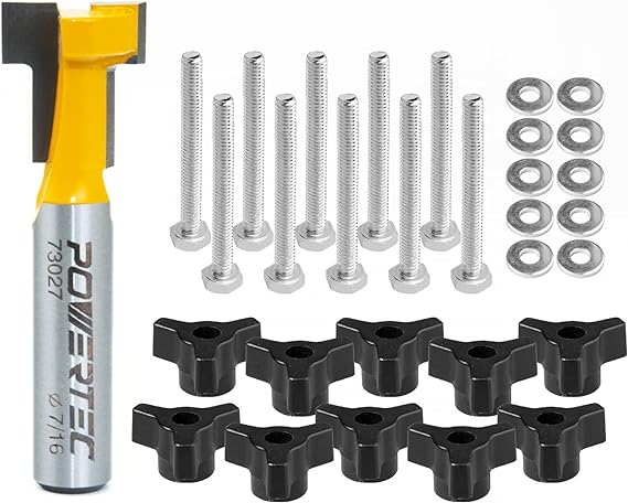 POWERTEC 73032 Carbide Tipped T Slot Router Bit 7/16" Dia. x 3/16" H x 1/4" Shank (1-PC) with T-Track Knobs Kit Including 1/4"-20 x 1-1/2" Hex Bolts and Washers (Set of 10)