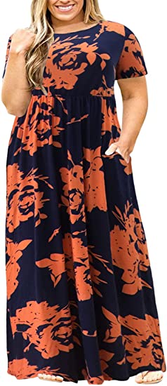 Nemidor Women Short Sleeve Loose Plain Casual Plus Size Long Maxi Dress with Pockets