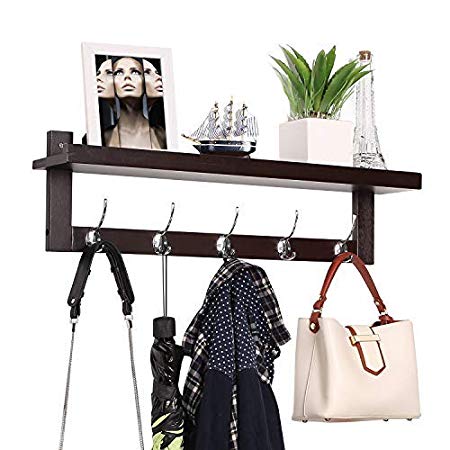 HOMFA Bamboo Coat Hook Shelf Wall-Mounted Coat Rack with 5 Metal Hooks for Bathroom Bedroom Hallway,Retro Color