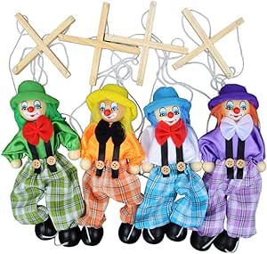 4 Packs Clown Marionette Puppet Wooden Marionette Toys String Puppet Doll for Kids Birthday Xmas Gifts