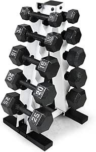 WF Athletic Supply 5-25 Lb Cast Iron Dumbbells Set with A Frame Storage Rack, Solid Gray/Black Hexagon Free Weights for Weight Lifting & Strength Training, Storage Rack Color Options Available