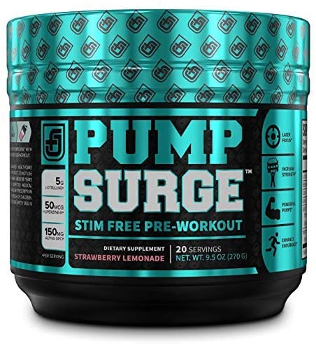 PUMPSURGE Caffeine Free Pump & Nootropic Pre Workout Supplement - Non Stimulant Preworkout Powder & Nitric Oxide Booster - 20 Servings, Strawberry Lemonade Flavor