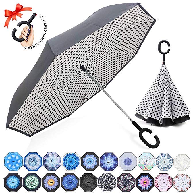 ZOMAKE Double Layer Inverted Umbrella Cars Reverse Umbrella, UV Protection Windproof Large Straight Umbrella for Car Rain Outdoor with C-Shaped Handle