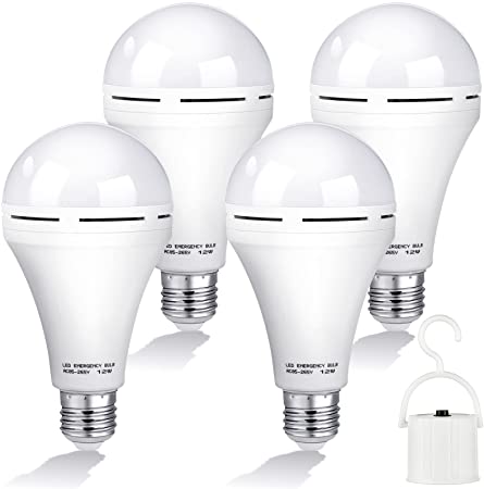 4 Pieces Rechargeable Emergency LED Light Bulb White 6500K Battery Backup for Power Failure 12W 60W Equivalent 1200mAh with Hook E26/27 Base Light Bulbs for Camping Outdoor Activity Power Outage