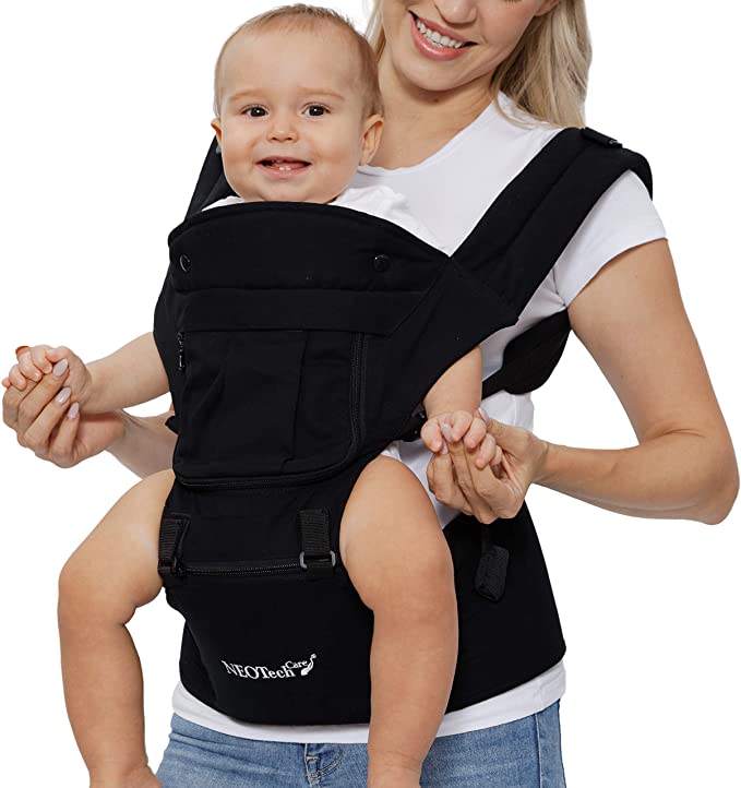 Baby Carrier Hip Seat 100% Cotton - Pocket & Removable Hoodie/Head Support - Adjustable & Breathable - Neotech Care Brand - For Infant, Child, Toddler (Black)