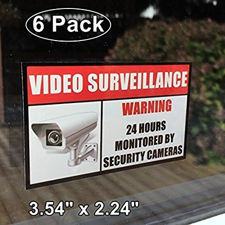 Outdoor/Indoor (6 Pack) 3.54" wide X 2.24" high Home Business Security DVR Camera Video Surveillance System Window Door Warning Alert Sticker Decals **Back Self Adhesive Vinyl**
