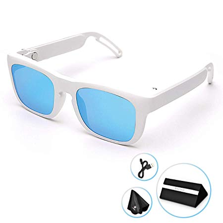 Audio Bluetooth Sunglasses for Men- Mutrics Stylish Smart Music Sunglasses with Virtual 5.1 Surround Sound, Hands Free Call, AI Voice Control, UV 400 Polarized Lens & IP55 Sweat Resistant, White