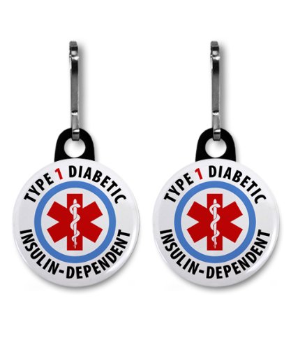 TYPE 1 DIABETIC Insulin Dependent Medical Alert 2-Pack 1 Black Zipper Pull Charms